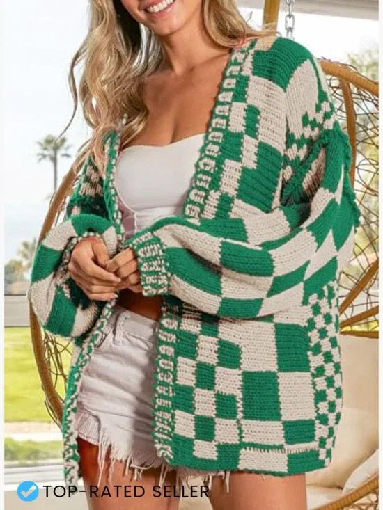 Vintage Checkered Cardigan Chunky Knit Oversized Boyfriend Style Open Front - Picture 5 of 6